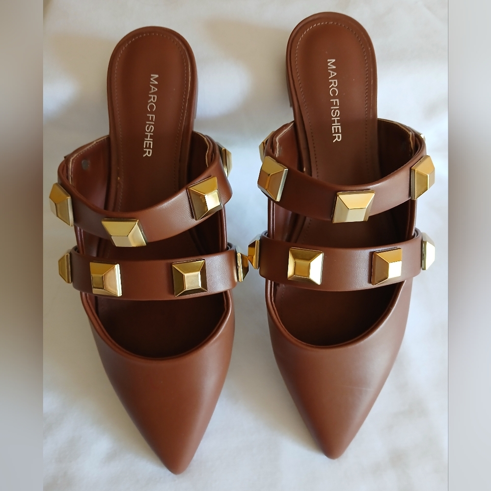 Marc Fisher Brown Studded Mules Sz 7.5